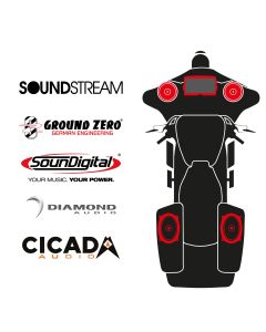 maxxcount BIKE SoundKit 2F2RLA/MSR/CVOSG14+ mit/ohne SoundStream Radio passend für Harley-Davidson® CVO™ Street Glide™ / andere 5x7" Lautsprecher-Seitenkofferdeckel ab 2014