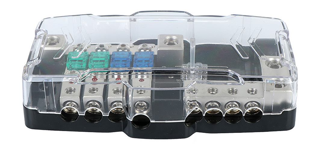 maxxcount MX-AFS4LED kombinierter 4fach Mini-ANL Sicherungshalter + Masse- Verteilerblock mit LED-Anzeige für 50-20mm², passend für alle KFZ, Camper,  Wohnmobil, Van & Boote, inklusive Sicherungen